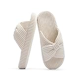Chantomoo Hausschuhe für Frauen Memory Foam Haus Schlafzimmer Cord Schleife Crossbands Slide Slipper Schuhe Bequem Trendy Geschenk Hausschuhe, Beige, 38/39 EU