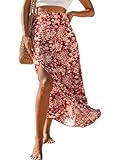 CUPSHE Damen Rock Blumen Druck Maxirock Hohe Taille Seitenschlitz A-Linie Sommer Elegent Strandrock mit Reißverschluss Rot L