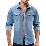Generisch Herren Langarm Hemd Jacke Slim Fit Jeans Langarmhemd Motorrad-Biker Denim Hemden Button Down Freizeithemd mit Brusttasche Vintage Jeanshemd Streetwear Denimjacke Langarmshirt