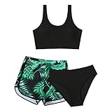 Mädchen Bikini 3 Teiliges Sets Sportliche Badeanzug Verstellbare Bikini Tank Oberteil mit Triangel Bikinihose Und Kurz Shorts Sommer Bademode Badebekleidung Bustier & Bikinislip Tankini-Set