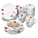 MamboCat Marie 18tlg Frühstücksset I Porzellan-Geschirr mit Blumenwiese-Dekor für 6 Personen I Je 6x Teller, Schalen 400ml & Becher 320ml für Frühstück & Kaffee