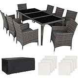 TecTake 800104 Aluminium Poly Rattan Essgruppe, 8 Stühle + 1 Esstisch mit Glasplatten, inkl. 2 Bezugssets und Schutzhülle - Diverse Farben (Grau | Nr. 403084)