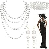 agogue 3 Stück 20er Jahre Accessoires Perlenkette Lang Set,Perlenarmbänder,Perlenkette Damen 3 Teiliges Set Retro Modeschmuck, Perlenarmband Damen Vintage Beads for Prom