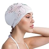 COPOZZ Erwachsene Badekappe, Unisex Wasserdicht Schwimmkappe für Herren Damen, Lange Haare Silikon Swimming Cap Bademütze für Männer Frauen (Blumen-Kirsche)