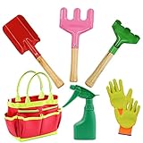 AGAKY Kinder-Garten-Set, 7-teilig, mit Schaufel, Rechen, Unkrautgabel und Tragetasche, langlebiges Gartenspielzeug für Kinder, Strandkelle Set, kleine Handwerkzeuge, Garten/Strand