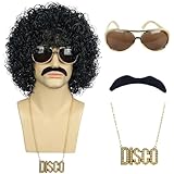 karlery Herren Kurz Lockige Schwarz Rocker Afro Perücke mit Schnurrbart Bart Halskette und Sonnenbrille California Brethable Cosplay Anime Party Perücke