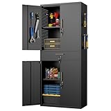 Aobabo Metall-Aufbewahrungsschrank mit 5 Stecktafeln und 2 Schubladen, 180 x 76 x 38 cm, abschließbarer Stahl-Werkzeugschrank für Garage, Lager, Montage erforderlich (W-1 Schublade, Schwarz)