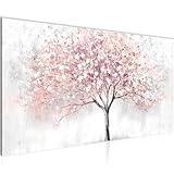 Runa Art Wandbild Baum im frühling 100 x 40 cm Modern Bild auf Vlies Leinwand Natur Wohnzimmer Schlafzimmer Grau Rosa 053212b
