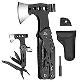 Multitool 16 in 1 Camping Gadgets Survival Kit, Axt, Zange, Klappmesser, Schraubendreher, Flaschenöffner, Edelstahl (Schwarz)