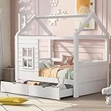 Merax Kinderbett 80x160cm mit Zwei Schubladen, Hausbett Dachgestell mit Rausfallschutz und Lattenrost, Massivholz Baumhausbett mit Stauraum, Spielbett für Jungen & Mädchen, Jugendbett Babybett, Weiß