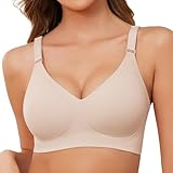 Xnova Damen BH Ohne Bügel Bequemer, Nahtloser V-Ausschnitt Bralette T-Shirt Schlaf Minimizer BHS Breite Träger, Seamless Bra mit Zusätzlicher BH-Verlängerung (Beige, L)