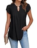 Cuptacc Tunika Damen V-Ausschnitt Kurzarm Blusen Damen Sommer Elegant Locker Einfarbig Oberteile Schwarze, XL 46-48