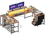 ODK Eckschreibtisch mit 4 Schubladen&Stauraum, 167×102cm Reversible Eckschreibtisch mit 2 Steckdosen und 2 USB Ladeanschluss, Gaming Schreibtisch mit LED&Monitorständer für Home Office, Vintage-Braun
