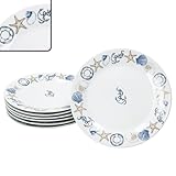 MamboCat Neptun 6er Set Kuchenteller I Porzellan-Frühstücksteller mit maritimen Motiven Anker, Muschel & Co für 6 Personen I kleine Teller für Salat, Dessert, Fingerfood & Co.