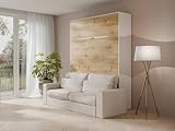 Vente-unique-Schrankbett + Sofa + Matratze - 140 x 200 cm - Manuelle vertikale Öffnung - Mit LED-Beleuchtung - Weiß & Holzfarben - RAPILI