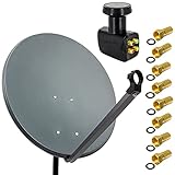 PremiumX Satelliten-Komplettanlage 60cm Satellitenschüssel Anthrazit Satellitenantenne SAT Quad LNB 8X F-Stecker 4 Teilnehmer