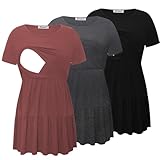 Bearsland Women’s Nursing Top 3pack Short Sleeve Scoop Neck Nursing Shirt Breastfeeding Shirts, Black & Deep Grey & Coppery Brown, L