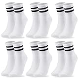 6 Paare Socken Damen, 36-43 Sportsocken Tennissocken Baumwollsocken Laufsocken Tennis Sport Socken mit Streifen für Damen (Weiß)