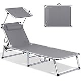 Homecall Sonnenliege mit Dach Gartenliege Leicht Sonnenliege Klappbar Alu Liegestuhl Strandliege, 5 Fach Verstellbare Rückenlehne, 190 x 60 cm Sonnenschutzdach, bis 136KG (Mit Sonnendach-Grau)