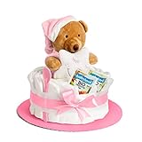 Windeltorte Mädchen in Rosa – Handgefertigtes Baby Geschenk zur Geburt & Taufe mit Kuscheltier, Pampers, Glückwunschkarte – Baby Windeltorte zur Babyparty Geschenkidee