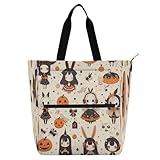 Amooorous Dekorative Kinder-Büchertasche für Kinder, Jungen, Mädchen, Goth-Gelb, Halloween-Puppe, Kürbis, leichte Bibliothek, Büchertasche, Handtasche mit Reißverschlusstaschen, für Schule, Einkaufen