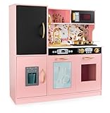 Leomark Kinderküche aus Holz Memo Rosa Spielküche mit goldenen Accessoires Holzküche für Kinder Spielzeugküche mit Zubehör Küchenset Höhe 80,6 cm Geschenk für Mädchen Jungen