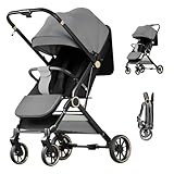 Kinderwagen, leicht und kompakt, 3 Neigungspositionen, 0 bis 4 Jahre (max. 25 kg), Liegeposition, einhändig, 4 Räder mit Stoßdämpfern, mit einem großen Korb (Schwarz C)