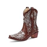 FGRID Cowgirl-Stiefeletten für Damen mittlerer Wade, modische Western-Stiefeletten quadratischer Zehenpartie und Stickerei, Winterstiefel klobigem Absatz und Snip-Toe-Zehenpartie,Braun,40
