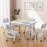 Kindertisch mit 4 Stühlen, Kindertischgruppe Höhenverstellbar für Jungen Mädchen ab 2 Jahre, Kindersitzgruppe mit Graffiti-Schreibtisch & rutschfeste Beine, Plastik Kindermöbel für Kinderzimmer - B