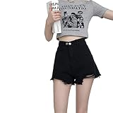 Vintage-Denim-Shorts, hohe Taille, weites Bein, vielseitig, locker, zerrissene Jeans, Schwarz, Schwarz , 26W