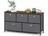 Kommode mit 5 Schubladen aus Stoff Sideboard Metall Schubladenschrank TV Schränke Organizer Kleideraufbewahrung Beistelltisch für Flur Schlafzimmer Küche Wohnzimmer Büro Stahl Holz Schwarz & Grau