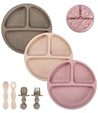 SOBEAU 7pc Silikon Kinderteller,Baby Teller Rutschfest Kinder Tischset mit Saugnäpfen,Geteilte Standfeste Babyteller mit 3 Speiseteller,4 Gabeln und Löffel,Spülmaschinen und mikrowellengeeignet
