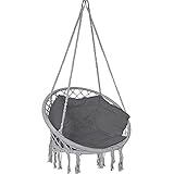 VOUNOT Hängesessel mit Bücherfach & Kissen, Hängeschaukel Hängestuhl für Indoor Outdoor Garten, Sitzfläche 80cm, Grau