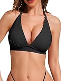 HAWILAND Push Up Bikini Oberteil Damen Sportlich Neckholder Bikini Top Retro Sexy Bikini mit Schnürung abnehmbaren Pads Schwarz M