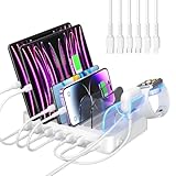SooPii USB-Ladestation Organizer für mehrere Geräte, 6 Ports 50W Ladestation mit 6 Kabeln und aktualisierte i-Watch Ladegerät Halterung enthalten, für Telefone, Tablets und andere Elektronik, weiß