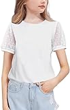 Arshiner Mädchen Chiffon Ärmel T-Shirt Baumwolle Freizeit Elegant Kurzarmshirt Mode Rundhals Bequem Oberteile Sommer Basic Tshirts für Kinder 9-10 Jahre Weiß