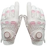 GIYXHU 2 Stücke/1 Paar Leder Golf Handschuhe Frauen Mit Bling Ball Marker Extra Grip Links Rechts Hand Rosa Fit Damen Mädchen Golfer(1Pair White,XL)