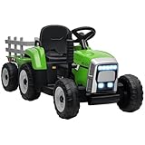 HOMCOM Elektrischer Traktor mit Anhänger, Kinder Aufsitztraktor mit Fernbedienung, Kinder Elektroauto mit MP3 Funktion, Kinderfahrzeug mit Scheinwerfer, 3-6KM/H, für 3-6 Jahre, Grün
