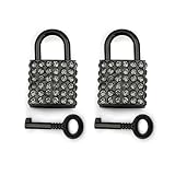 Quadratisches Vorhängeschloss, glitzernd, quadratisch, dekoratives Vorhängeschloss, Gepäckzubehör, Handtaschen-Anhänger mit Schlüssel für Schmuckschatulle, Tagebuch, Schwarz, 2 Stück
