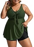 Hanna Nikole Damen Zweiteilig Badeanzug Push up Bademoden Bauchweg Tankini Set High Waist Beachwear Armeegrün 50 Große Größen