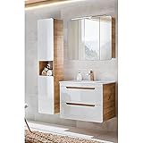 Lomadox Badezimmer Badmöbel Set, Hochglanz weiß mit Wotaneiche, Waschtischunterschrank mit 80cm Keramik-Waschbecken, LED-Spiegelschrank, Hochschrank