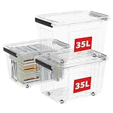 Cetomo C5037 Kunststoff Aufbewahrungsbox Klarsichtbehälter mit Deckel mit Rädern, Transparent - 35L，3er-Set