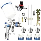 Ftemglo HVLP Lackierpistole Spritzpistole-Kit mit 3 Düsen 1.4/1.7/2mm, Profi Lackierpistole Druckluft mit 600 ml Plastikbecher und Luftdruckregler, Drehbare Düse, Einstellbarem Luftdruck & Fluss