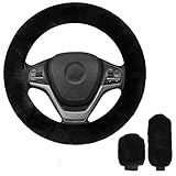 3 Stück Auto Lenkradhülle, Universal Lenkradabdeckung Handbremse Getriebe Abdeckung Plüsch Winter Anti Rutsch Warme Lenkrad Abdeckung Lenkradschoner Lenkradbezug Auto Zubehör, 36-39cm (Schwarz)
