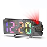 Nircho Wecker Mit Projektion, 7.4' RGB-Farben-Digitalanzeige LED-Spiegeluhr, Projektionswecker mit um 180° Drehbarem, Projektionsuhr mit Temperatur, Dimmer, Snooze, Nachtmodus, USB-Aufladung LED-Uhr