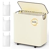 LAMU 160L Waschkorb mit Rädern, Rollwäsche Hammer mit Deckel und 3 abnehmbare Wäschetasche, Beige Große Kapazität 3 Abschnitt schmutzige Kleidung Hammers für Wäscherei, Schlafzimmer, Bad, Schlafsaal