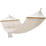 SONGMICS Hängematte, Outdoor, mit 2 Holzstangen, mit 2 Kissen, bis zu 300 kg belastbar, 210 x 150 cm, beige GDC22M