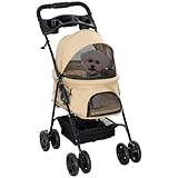 PawHut Hundewagen Hundebuggy mit Klappfunktion Pet Stroller für kleine Hunde und Katzen Haustierwagen Katzenbuggy Oxford Khaki 67 x 45 x 96 cm