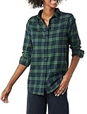 Amazon Essentials Damen Regular-Fit Leichtes Kariertes Langarm-Flanellhemd, Dunkelgrün Marineblau Mittlere Karo, M