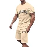 UHouse Trainingsanzug Herren Sommer Kurz T-Shirt Und Shorts Set 2 Teiliges Casual Outfit Kurze Jogginganzüge Männer Los Angeles Zweiteiler Rundhal Tshirt Y2k Baumwolle Sportanzug Prime Khaki XL